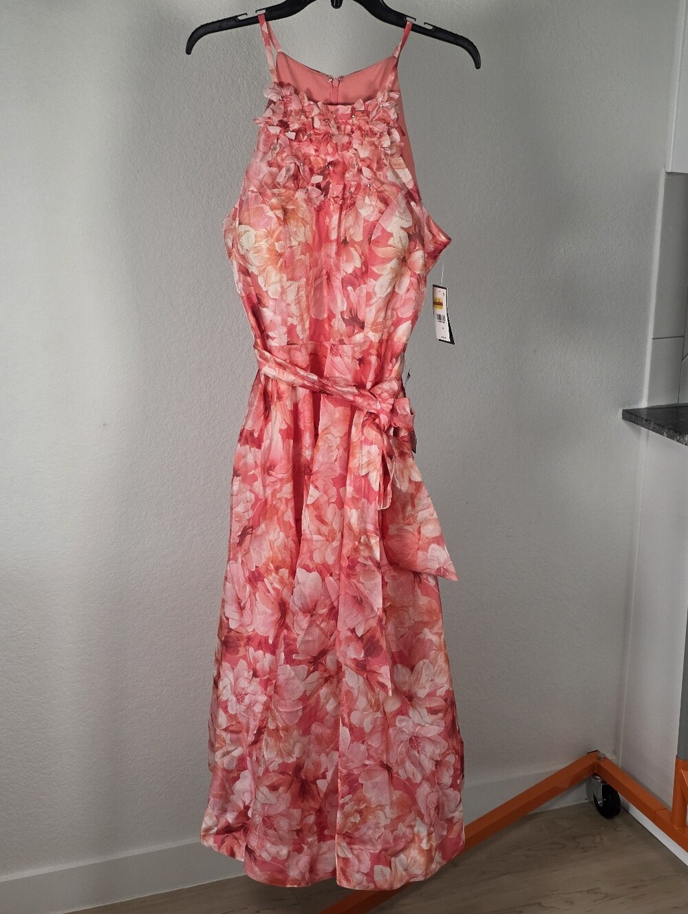 Just Taylor NWT Size 14 Pink Floral Halter Maxi Dress Rosette Belted MSRP $198 - Picture 3 of 13